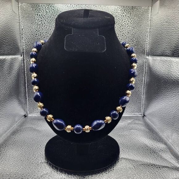 Vintage 80s Navy Blue beads with Gold Spacers - 31" - Picture 1 of 4
